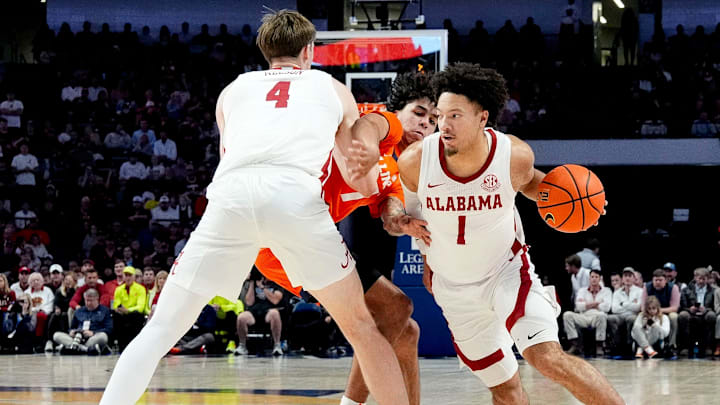 Nov 20, 2024; Birmingham, AL, USA;Alabama guard Mark Sears (1) works around a pick by Alabama forward Grant Nelson (4) as he is defended by Illinois forward Will Riley (7) in the CM Newton Classic at Legacy Arena. Mandatory Credit: Gary Cosby Jr.-Tuscaloosa News