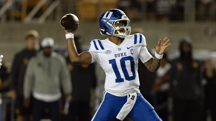 Oct 4, 2025; Berkeley, California, USA; Duke Blue Devils quarterback Darian Mensah (10) throws a pass against the California Golden Bears during the second quarter at California Memorial Stadium. Mandatory Credit: D. Ross Cameron-Imagn Images