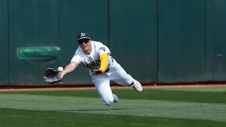 Mar 30, 2024; Oakland, California, USA; Oakland Athletics center fielder JJ Bleday (33) catches a