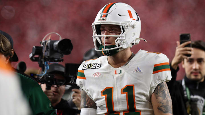 Jan 19, 2026; Miami Gardens, FL, USA; Miami Hurricanes quarterback Carson Beck (11) reacts after the College Football Playoff National Championship game at Hard Rock Stadium. Mandatory Credit: Nathan Ray Seebeck-Imagn Images
