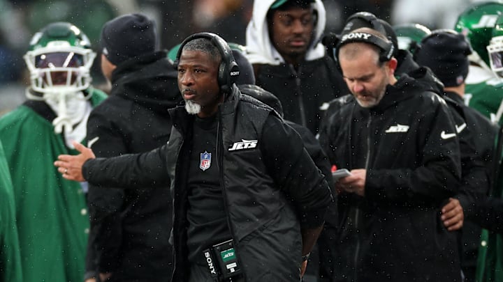 Nov 30, 2025; East Rutherford, New Jersey, USA;  New York Jets head coach Aaron Glenn during the first half at MetLife Stadium. Mandatory Credit: Vincent Carchietta-Imagn Images