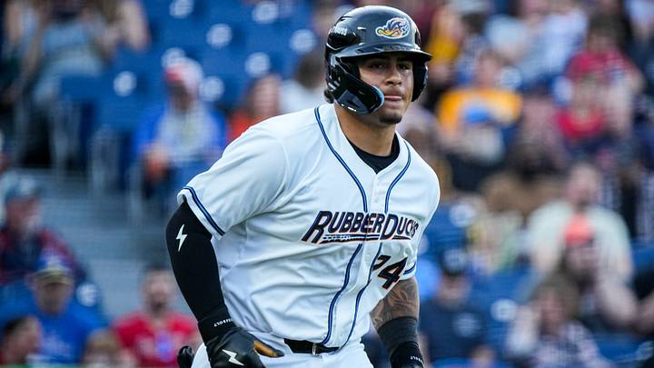 Akron infielder Ralphy Velazquez (24) walks during the home opening day game against Reading, April 2, 2026, in Akron, Ohio. Akron infielder Ralphy Velazquez (24) walks during the home opening day game against Reading, April 2, 2026, in Akron, Ohio.