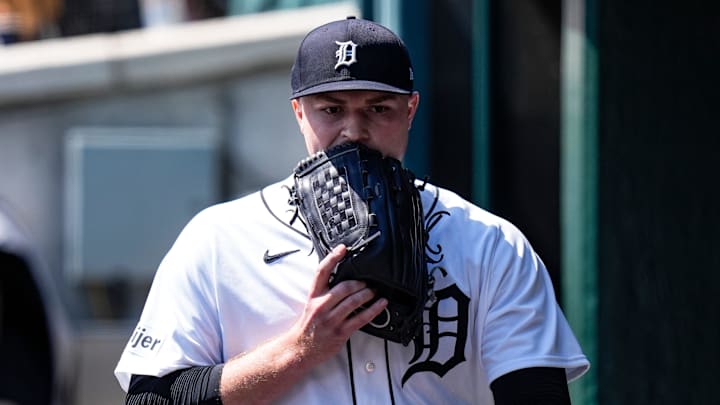 Detroit Tigers pitcher Tarik Skubal (29) walks off the field for pitching change during the seventh inning against Milwaukee Brewers at Comerica Park in Detroit on Thursday, April 23, 2026.