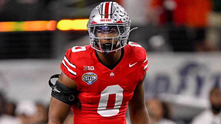 Dec 31, 2025; Arlington, TX, USA; Ohio State Buckeyes linebacker Sonny Styles (0) gets into position during the 2025 Cotton Bowl and quarterfinal game of the College Football Playoff at AT&T Stadium. Mandatory Credit: Jerome Miron-Imagn Images