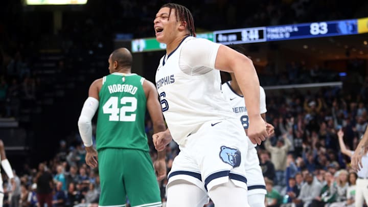 Nov 19, 2023; Memphis, Tennessee, USA; Memphis Grizzlies forward Kenneth Lofton Jr. (6) reacts after