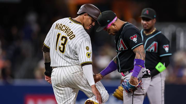 Jul 6, 2026; San Diego, California, USA; San Diego Padres third baseman Manny Machado (13) talks with Arizona Diamondbacks second baseman Ketel Marte (4) after the eighth inning at Petco Park. Mandatory Credit: Chadd Cady-Imagn Images Jul 6, 2026; San Diego, California, USA; San Diego Padres third baseman Manny Machado (13) talks with Arizona Diamondbacks second baseman Ketel Marte (4) after the eighth inning at Petco Park. Mandatory Credit: Chadd Cady-Imagn Images