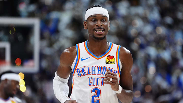 May 9, 2025; Denver, Colorado, USA; Oklahoma City Thunder guard Shai Gilgeous-Alexander (2) during the second half against the Denver Nuggets during game three of the second round for the 2025 NBA Playoffs at Ball Arena. Mandatory Credit: Ron Chenoy-Imagn Images May 9, 2025; Denver, Colorado, USA; Oklahoma City Thunder guard Shai Gilgeous-Alexander (2) during the second half against the Denver Nuggets during game three of the second round for the 2025 NBA Playoffs at Ball Arena. Mandatory Credit: Ron Chenoy-Imagn Images