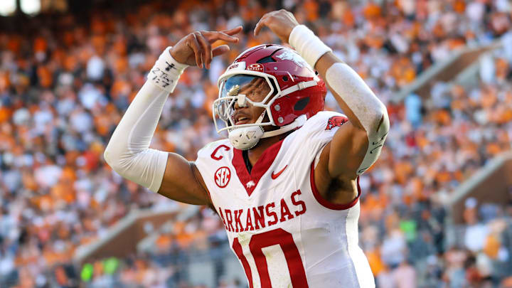 Oct 11, 2025; Knoxville, Tennessee, USA; Arkansas Razorbacks quarterback Taylen Green (10) celebrates after a play against the Tennessee Volunteers during the first half at Neyland Stadium. Mandatory Credit: Randy Sartin-Imagn Images