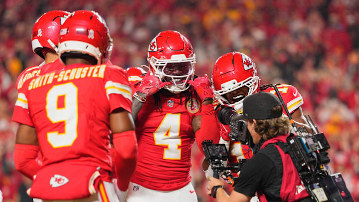 Oct 27, 2025; Kansas City, Missouri, USA; Kansas City Chiefs wide receiver Rashee Rice (4) celebrates after a play against the Washington Commanders during the second quarter of the game at GEHA Field at Arrowhead Stadium. Mandatory Credit: Jay Biggerstaff-Imagn Images Oct 27, 2025; Kansas City, Missouri, USA; Kansas City Chiefs wide receiver Rashee Rice (4) celebrates after a play against the Washington Commanders during the second quarter of the game at GEHA Field at Arrowhead Stadium. Mandatory Credit: Jay Biggerstaff-Imagn Images