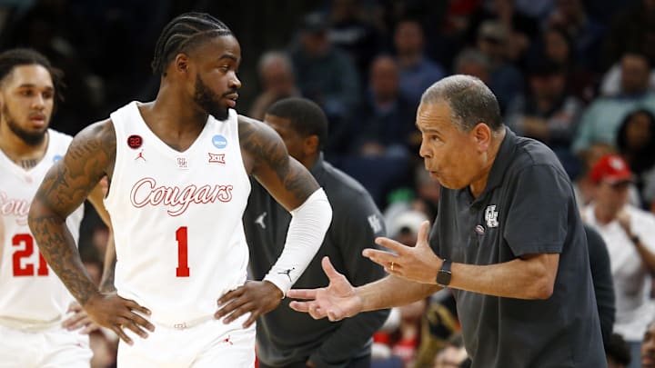 Mar 24, 2024; Memphis, TN, USA; Houston Cougars guard Jamal Shead (1) talks with head coach Kelvin Sampson in the first half against the Texas A&M Aggies in the second round of the 2024 NCAA Tournament at FedExForum. Mandatory Credit: Petre Thomas-Imagn Images