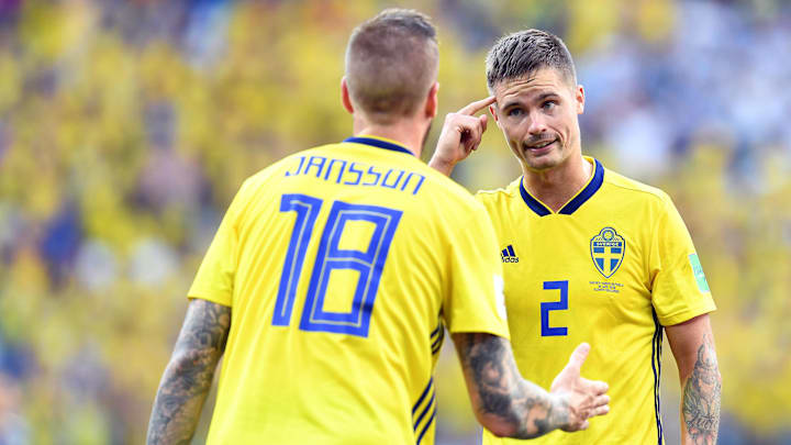 Jun 18, 2018; Nizhny Novgorod, Russia; Sweden defender Mikael Lustig (2) reacts with defender Pontus Jansson (18) during the second half against the South Korea in Group F play during the FIFA World Cup 2018 at Nizhny Novgorod Stadium. Mandatory Credit: Tim Groothuis/Witters Sport via Imagn Images