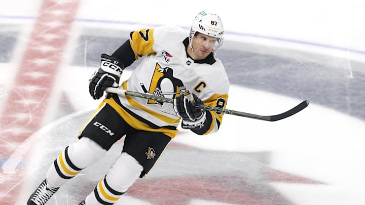 Oct 20, 2024; Winnipeg, Manitoba, CAN; Pittsburgh Penguins center Sidney Crosby (87) warms up before a game against the Winnipeg Jets at Canada Life Centre. Mandatory Credit: James Carey Lauder-Imagn Images