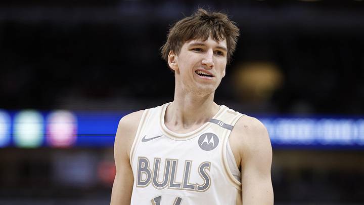 Dec 21, 2024; Chicago, Illinois, USA; Chicago Bulls forward Matas Buzelis (14) reacts during the first half at United Center. Mandatory Credit: Kamil Krzaczynski-Imagn Images