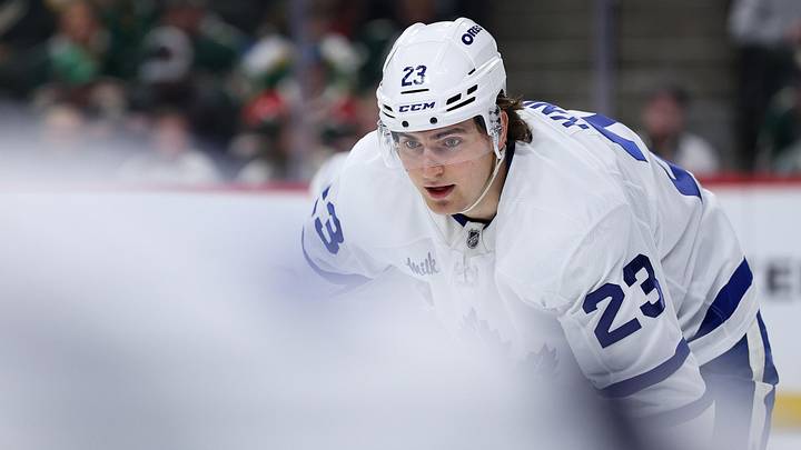 Mar 15, 2026; Saint Paul, Minnesota, USA; Toronto Maple Leafs left wing Matthew Knies (23) prepares for a face-off against the Minnesota Wild during the second period at Grand Casino Arena. Mandatory Credit: Matt Krohn-Imagn Images