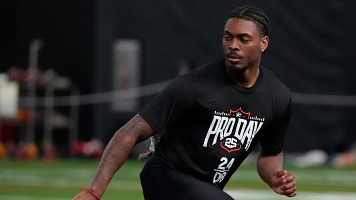 Former Georgia defensive back Malaki Starks (24) runs a drill during UGA Footballs Pro Day in Athens, Ga., on Wednesday, March 12, 2025. Representatives from all 32 NFL teams are on hand to watch former UGA football players in action.