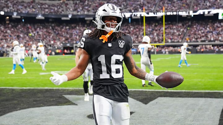 Jan 5, 2025; Paradise, Nevada, USA; Las Vegas Raiders wide receiver Jakobi Meyers (16) celebrates after scoring a touchdown against the Los Angeles Chargers during the second quarter at Allegiant Stadium. Mandatory Credit: Stephen R. Sylvanie-Imagn Images Jan 5, 2025; Paradise, Nevada, USA; Las Vegas Raiders wide receiver Jakobi Meyers (16) celebrates after scoring a touchdown against the Los Angeles Chargers during the second quarter at Allegiant Stadium. Mandatory Credit: Stephen R. Sylvanie-Imagn Images