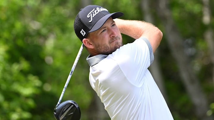 Jun 8, 2025; Caledon, Ontario, CAN;  Lee Hodges hits his tee shot at the eighth hole during the final round of the RBC Canadian Open golf tournament. Mandatory Credit: Dan Hamilton-Imagn Images