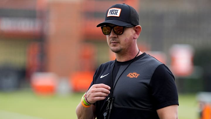 Oklahoma State coach Eric Morris watches an Oklahoma State University Cowboys football spring practice in Stillwater, Wednesday, April 1, 2026. Oklahoma State coach Eric Morris watches an Oklahoma State University Cowboys football spring practice in Stillwater, Wednesday, April 1, 2026.