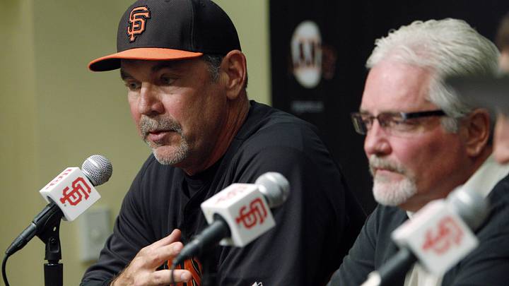 Giants manager Bruce Bochy speaks during a press conference with Brian Sabean as he and Sabean had Giants manager Bruce Bochy speaks during a press conference with Brian Sabean as he and Sabean had