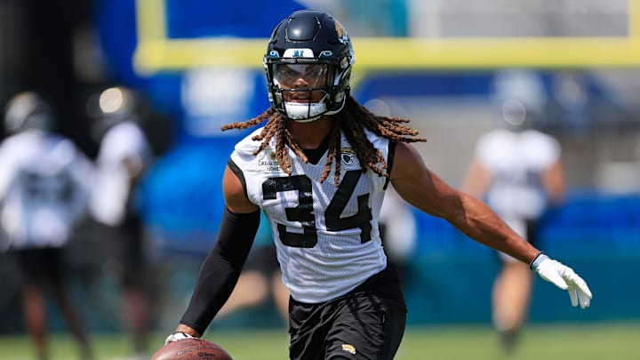 Jacksonville Jaguars cornerback Gregory Junior (34) runs the ball during an organized team activity Tuesday, May 30, 2023 at TIAA Bank Field in Jacksonville, Fla.