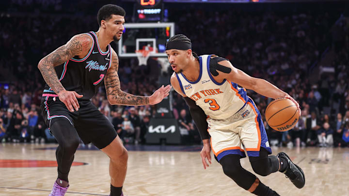 Dec 21, 2025; New York, New York, USA;  New York Knicks guard Josh Hart (3) looks to drive past Miami Heat center Kel'El Ware (7) in the first quarter at Madison Square Garden. Mandatory Credit: Wendell Cruz-Imagn Images