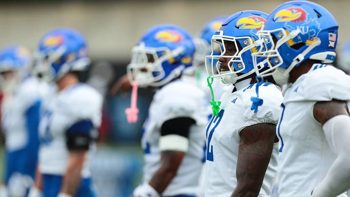 Kansas redshirt senior safety Jaden Harris (12) stands in a line with other players during practice at The University of Kansas on Aug. 6, 2026. Kansas redshirt senior safety Jaden Harris (12) stands in a line with other players during practice at The University of Kansas on Aug. 6, 2026.