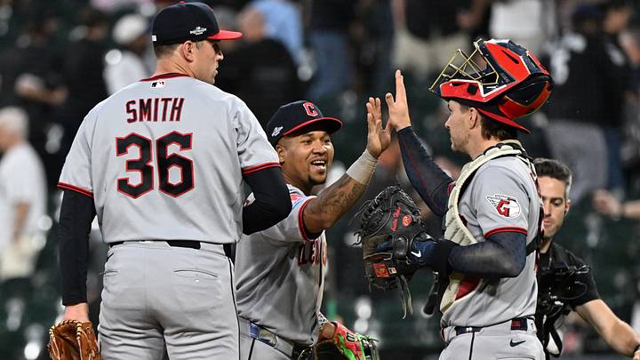 Oct 7, 2026; Chicago, Illinois, USA; Cleveland Guardians third baseman Jose Ramirez, middle, celebrates with pitcher Cade Smith (36) and catcher Patrick Bailey (16) after the Guardians beat the Chicago White Sox in game three of the ALDS for the 2026 MLB playoffs at Rate Field.  Mandatory Credit: Matt Marton-Imagn Images