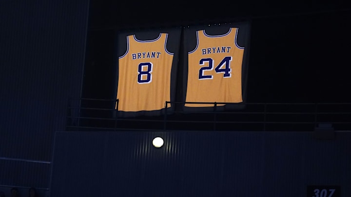 Feb 23, 2020; Los Angeles, California, USA; The retired  number 8 and 24 jerseys of Los Angeles Lakers deceased player Kobe Bryant are illuminated during the NBA game between the Celtics and the Lakers at Staples Center. Mandatory Credit: Kirby Lee-Imagn Images