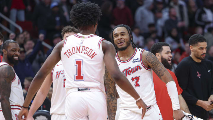 Jan 20, 2024; Houston, Texas, USA; Houston Rockets forward Cam Whitmore (7) celebrates with forward Jan 20, 2024; Houston, Texas, USA; Houston Rockets forward Cam Whitmore (7) celebrates with forward