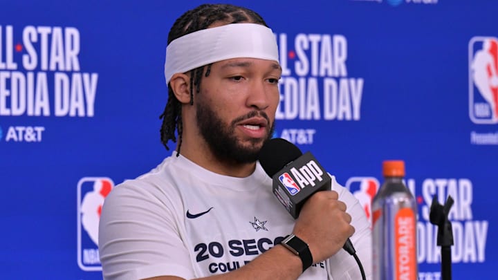 Feb 14, 2026; Los Angeles, CA, USA: Team USA Stripes guard Jalen Brunson (11) of the New York Knicks during a news conference for the NBA All Star game at Intuit Dome.
