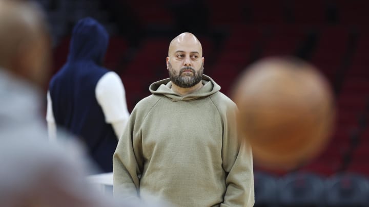 Mar 19, 2023; Houston, Texas, USA; Houston Rockets general manager Rafael Stone watches during practice before the game against the New Orleans Pelicans at Toyota Center. Mandatory Credit: Troy Taormina-USA TODAY Sports Mar 19, 2023; Houston, Texas, USA; Houston Rockets general manager Rafael Stone watches during practice before the game against the New Orleans Pelicans at Toyota Center. Mandatory Credit: Troy Taormina-USA TODAY Sports