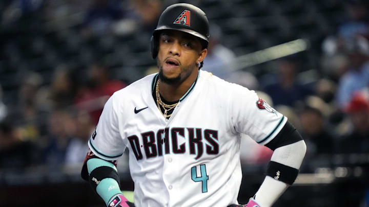 Jun 29, 2023; Phoenix, Arizona, USA; Arizona Diamondbacks second baseman Ketel Marte (4) reacts after striking out looking against the Tampa Bay Rays at Chase Field.
