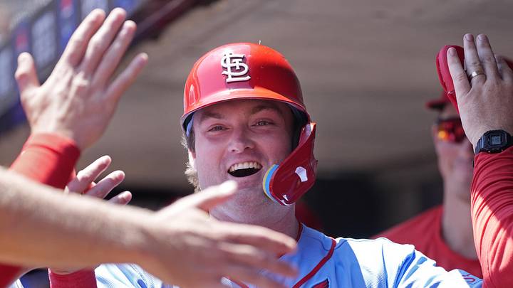 Jun 13, 2026; Minneapolis, Minnesota, USA; St. Louis Cardinals third baseman Blaze Jordan (33) celebrates his run against the Minnesota Twins in the second inning at Target Field. Mandatory Credit: Bruce Kluckhohn-Imagn Images