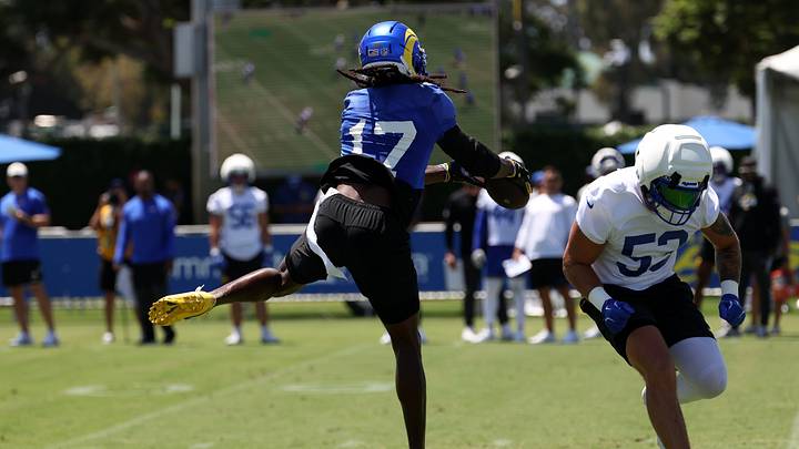 Jul 29, 2026; Los Angeles, CA, USA; Los Angeles Rams wide receiver Davante Adams (17) catches a pass over linebacker Nate Landman (53) during training camp at Loyola Marymount University. Mandatory Credit: Kiyoshi Mio-Imagn Images Jul 29, 2026; Los Angeles, CA, USA; Los Angeles Rams wide receiver Davante Adams (17) catches a pass over linebacker Nate Landman (53) during training camp at Loyola Marymount University. Mandatory Credit: Kiyoshi Mio-Imagn Images