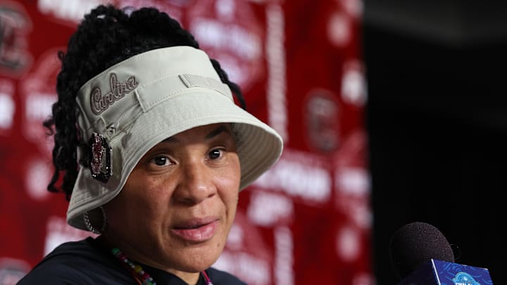 Apr 5, 2025; Tampa, FL, USA; South Carolina Gamecocks head coach Dawn Staley talks to media before practice at Amalie Arena. Mandatory Credit: Nathan Ray Seebeck-Imagn Images