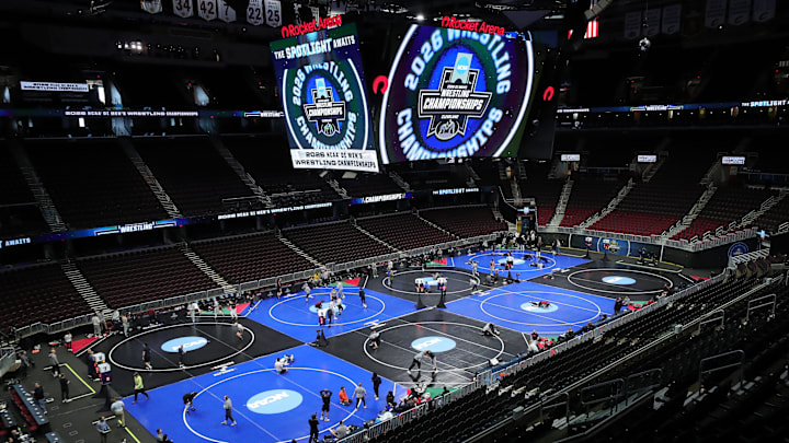 Wrestlers practice before the NCAA Division I Wrestling Championships at Rocket Arena in Cleveland.