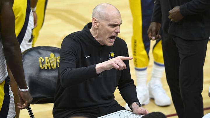Apr 12, 2024; Cleveland, Ohio, USA; Indiana Pacers head coach Rick Carlisle reacts during a timeout in the fourth quarter against the Cleveland Cavaliers at Rocket Mortgage FieldHouse. Mandatory Credit: David Richard-USA TODAY Sports