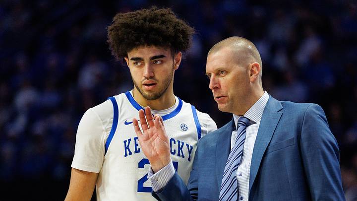 Dec 23, 2025; Lexington, Kentucky, USA; Kentucky Wildcats head coach Mark Pope talks with center Malachi Moreno (24) during the second half against the Bellarmine Knights at Rupp Arena at Central Bank Center. Mandatory Credit: Jordan Prather-Imagn Images Dec 23, 2025; Lexington, Kentucky, USA; Kentucky Wildcats head coach Mark Pope talks with center Malachi Moreno (24) during the second half against the Bellarmine Knights at Rupp Arena at Central Bank Center. Mandatory Credit: Jordan Prather-Imagn Images