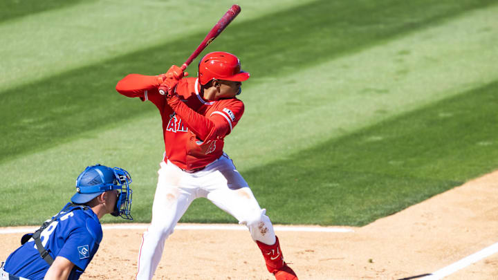 Feb 21, 2026; Tempe, Arizona, USA; Los Angeles Angels infielder Christian Moore against the Los Angeles Dodgers during a spring training game at Tempe Diablo Stadium. Mandatory Credit: Mark J. Rebilas-Imagn Images Feb 21, 2026; Tempe, Arizona, USA; Los Angeles Angels infielder Christian Moore against the Los Angeles Dodgers during a spring training game at Tempe Diablo Stadium. Mandatory Credit: Mark J. Rebilas-Imagn Images