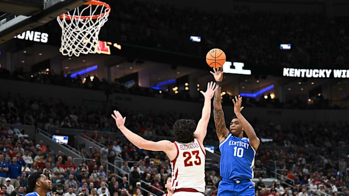 Mar 22, 2026; St. Louis, MO, USA; Kentucky Wildcats forward Brandon Garrison (10) shoots as Iowa State Cyclones forward Blake Buchanan (23) defends during the first half during a second round game of the men's 2026 NCAA Tournament at Enterprise Center. Mandatory Credit: Jeff Le-Imagn Images Mar 22, 2026; St. Louis, MO, USA; Kentucky Wildcats forward Brandon Garrison (10) shoots as Iowa State Cyclones forward Blake Buchanan (23) defends during the first half during a second round game of the men's 2026 NCAA Tournament at Enterprise Center. Mandatory Credit: Jeff Le-Imagn Images
