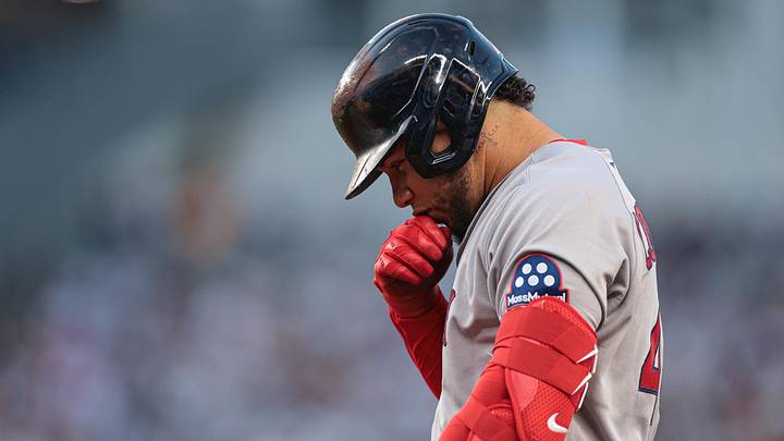 Jun 5, 2026; Bronx, New York, USA; Boston Red Sox first baseman Willson Contreras (40) reacts after an RBI single during the third inning against the New York Yankees at Yankee Stadium. Mandatory Credit: Vincent Carchietta-Imagn Images