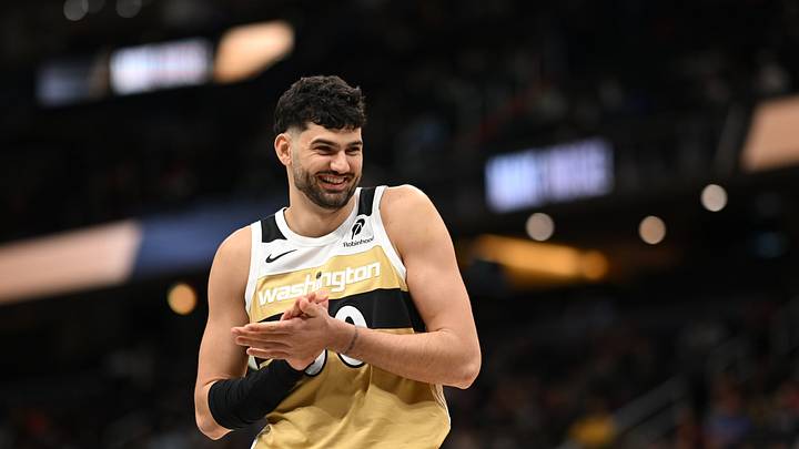Nov 16, 2025; Washington, District of Columbia, USA; Washington Wizards forward Tristan Vukcevic (00) smiles after coming in off the bench against the Brooklyn Nets during the fourth quarter at Capital One Arena. Mandatory Credit: Rafael Suanes-Imagn Images Nov 16, 2025; Washington, District of Columbia, USA; Washington Wizards forward Tristan Vukcevic (00) smiles after coming in off the bench against the Brooklyn Nets during the fourth quarter at Capital One Arena. Mandatory Credit: Rafael Suanes-Imagn Images