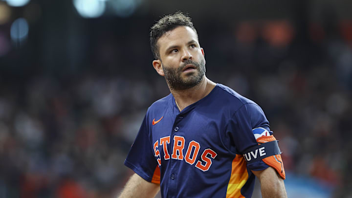 Sep 22, 2024; Houston, Texas, USA; Houston Astros second baseman Jose Altuve (27) looks up after a play during the seventh inning against the Los Angeles Angels at Minute Maid Park.