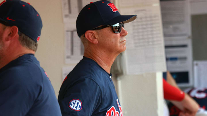 Jun 2, 2025; Oxford, MS, USA; Mississippi Rebels head coach Mike Bianco looks on during the first inning against the Murray State Racers. Mandatory Credit: Petre Thomas-Imagn Images
