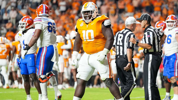 Tennessee defensive lineman Elijah Simmons (10) celebrates after Tennessee recovered a fumble by Florida quarterback Graham Mertz (15) during a SEC conference game between Tennessee and Florida in Neyland Stadium on Saturday, Oct. 12, 2024.