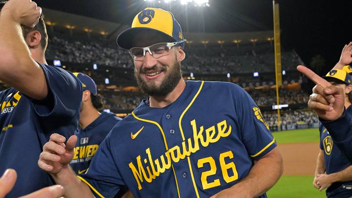 Oct 15, 2026; Los Angeles, California, USA; Milwaukee Brewers pitcher Aaron Ashby (26) celebrates after defeating the Los Angeles Dodgers in game four of the NLCS for the 2026 MLB Playoffs at Uniqlo Field at Dodger Stadium. Mandatory Credit: Jayne Kamin-Oncea-Imagn Images Oct 15, 2026; Los Angeles, California, USA; Milwaukee Brewers pitcher Aaron Ashby (26) celebrates after defeating the Los Angeles Dodgers in game four of the NLCS for the 2026 MLB Playoffs at Uniqlo Field at Dodger Stadium. Mandatory Credit: Jayne Kamin-Oncea-Imagn Images