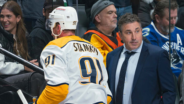 Nashville Predators forward Steven Stamkos and coach Andrew Brunette.
