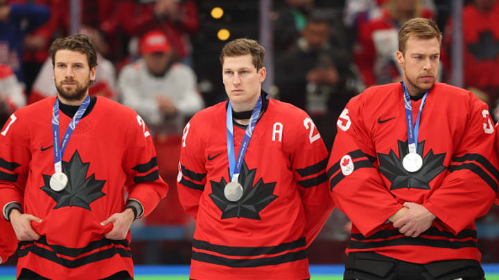 Canada’s Nathan MacKinnon was among those unimpressed by receiving a stuffed animal after losing the gold medal match against Team USA in the 2026 Milan Cortina Olympics.