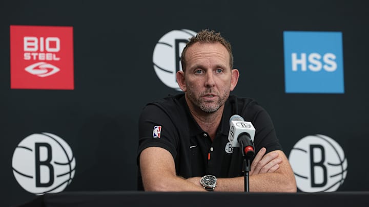 Sep 26, 2022; Brooklyn, NY, USA; Brooklyn Nets general manager Sean Marks talks to the media during media day at HSS Training Center. Mandatory Credit: Vincent Carchietta-Imagn Images