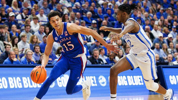 Jan 28, 2023; Lexington, Kentucky, USA; Kansas Jayhawks guard Kevin McCullar Jr. (15) drives to the basket during the first half against the Kentucky Wildcats at Rupp Arena at Central Bank Center. Mandatory Credit: Jordan Prather-USA TODAY Sports Jan 28, 2023; Lexington, Kentucky, USA; Kansas Jayhawks guard Kevin McCullar Jr. (15) drives to the basket during the first half against the Kentucky Wildcats at Rupp Arena at Central Bank Center. Mandatory Credit: Jordan Prather-USA TODAY Sports